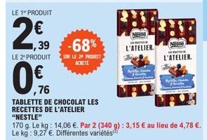 LE 1" PRODUIT  2€  LE 2 PRODUIT  1,39 -68%  0.  ,76  SUR LE 20 PRODUIT  ACHETE  TABLETTE DE CHOCOLAT LES RECETTES DE L'ATELIER  "NESTLE"  170 g. Le kg: 14,06 €. Par 2 (340 g): 3,15 € au lieu de 4,78 €