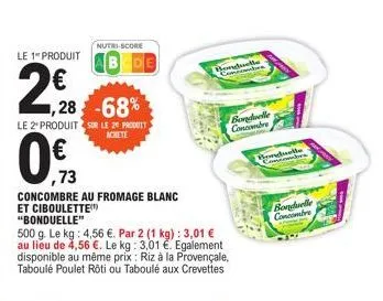 le 1" produit  2€8  nutri-score  1,28 -68%  le 2 produit sur le 20 produit  achete  bede  ,73  concombre au fromage blanc et ciboulette "bonduelle"  500 g. le kg: 4,56 €. par 2 (1 kg): 3,01 € au lieu 