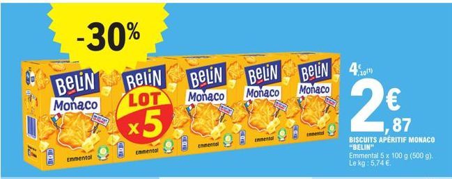 -30%  BeLiN Monaco LOT x5  Emmental  ReliN BELIN BELIN BELIN  Monaco  Monaco  Emmental  Emmental  Emmental  BELIN 40  Monaco  Emmental  87  BISCUITS APÉRITIF MONACO  "BELIN"  Emmental 5 x 100 g (500 g