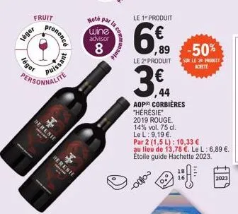 léger  léger  fruit  perso  rononcé  alité  puissant  heresie  i  *  beresh  hoté wine advisor  8  par  le 1 produit  6€  -old los  le 2" produit  3  ,89 -50%  44  aop corbières "heresie" 2019 rouge. 
