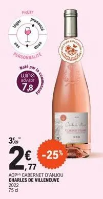 leger  sec  fruit  3,69  a  prononce  doux  personnalite  hoté par la wine advisor  7,8  t  i  € -25% 1,77  aop cabernet d'anjou charles de villeneuve 2022 75 cl  explora  ens  calen com  ***  