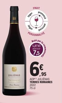 JULIENAS  FRUIT  Jabol  léger  prononcé  7  Puissant  PERSONNALITE  Note  wine advisor  7,5  € ,95  AOP JULIENAS TERRES ROMAINES 2022 75 cl 