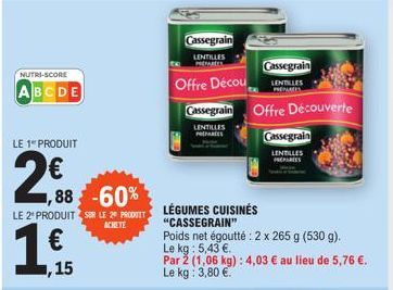 NUTRI-SCORE  ABCDE  LE 1 PRODUIT  2€  1,88 -60% LE 2 PRODUIT SUR LE 20 PRODUTT  ACHETE  1  0,15  Cassegrain  LENTILLES MERRET  Offre Décou  LÉGUMES CUISINÉS "CASSEGRAIN"  Poids net égoutté : 2 x 265 g