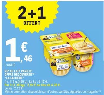 2+1  OFFERT  1  L'UNITÉ  ,46  RIZ AU LAIT VANILLE  OFFRE DÉCOUVERTE!"  "LA  LAITIÈRE"  4x 115 g (460 g). Le kg: 3,17 €  Par 3 (1,38 kg): 2,92 € au lieu de 4,38 €.  Le kg: 2,12 €  Même promotion dispon