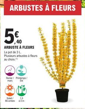 ARBUSTES À FLEURS  55.0⁰  5€  40  ARBUSTE À FLEURS  Le pot de 3 L. Plusieurs arbustes à fleurs au choix.  Février / Printemps/  mars  Été  Soleil/ 1,5 Mi-ombre à3m 