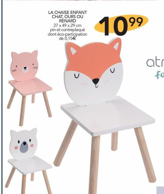 La chaise enfant chat, ours ou renard