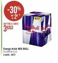 -30% 2⁰  SOIT PAR 2 L'UNITÉ:  Energy drink RED BULL  4x250 ml (11) L'unité: 4€27  Red Bull  INLEG 
