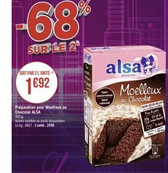 soit par 2 l'unité:  1€92  préparation pour moelleux au chocolat alsa  68%  sur le 2  435 g  autres variétés ou poids disponibles  le kg: 6667- l'unité: 250  viz  san conservateur  sam colorant  resul