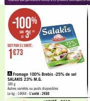 -100%  3⁹ Salakis  SOIT PAR 3 L'UNITÉ:  1€73  A Fromage 100% Brebis -25% de sel SALAKIS 23% M.G.  180 g  Autres variétés ou poids disponibles Le kg: 14644-L'unité: 2660  -25% de set 