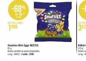 -68% 2*  SOT PARZENITE  1695  Wid  Smarties Mini Eggs NESTLE 81 g  Autres variétés ou poids disponibles Lekg: 36642-L'unité: 2€95  SMARTIES Miniegys 