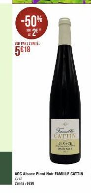 -50% 2E  SOIT PAR 2 L'UNITE:  5€ 18  CATTIN ALSACE  PNOT NOE  75cf  AOC Alsace Pinot Noir FAMILLE CATTIN L'unité : 6€90 