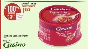 -100% 1623  canottes  surf cosino  le3e max  l'unité : 1€23 par 3 je cadnotte:  thon à la catalane casino  135 g  le kg: 911  casino  casino thon à la  catalane  casino  thon à la  catalane 