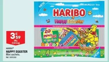 3%9  500g  haribo  happy eggster mini sachets. ret 5005265  new  20 minis  haribo  happy eggster  haribo  pock size  new 