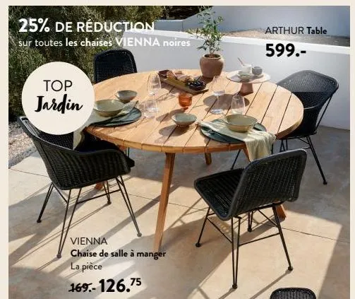 25% de réduction  sur toutes les chaises vienna noires  top  jardin  vienna chaise de salle à manger la pièce 169.-126.75  ***  arthur table  599.-