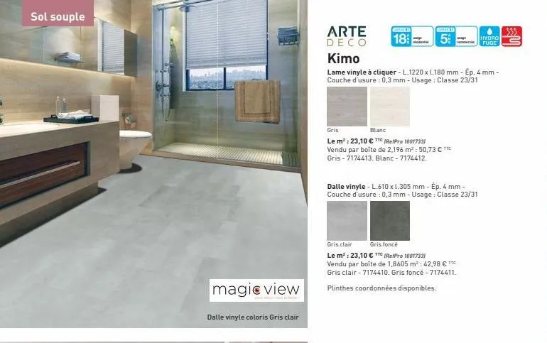sol souple  magic view  dalle vinyle coloris gris clair  arte deco  18  kimo  lame vinyle à cliquer - l.1220 x 1.180 mm - ép. 4 mm - couche d'usure: 0,3 mm - usage: classe 23/31  gris  blanc  le m²: 2