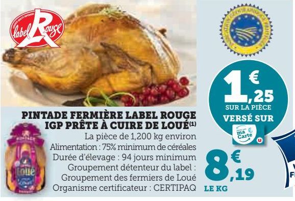 pintade fermiere label rouge igp prête à cuire de Loué