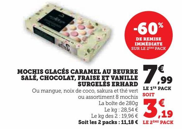 Mochis glacés caramel au beurre salé, chocolat, fraise et vanille surgelés Erhard