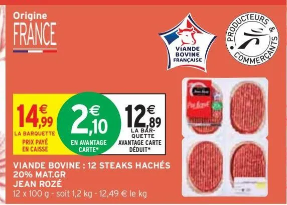 viande bovine : 12 steaks hachés 20% mat.gr jean rozé