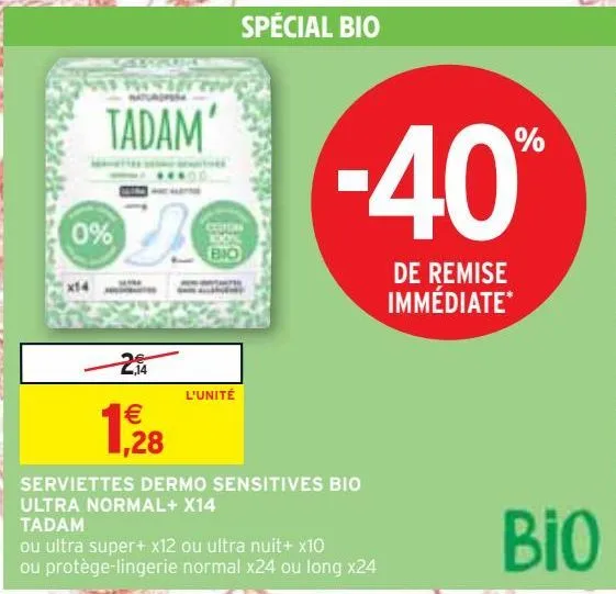 serviettes dermo sensitives bio ultra normal+ x14 tadam