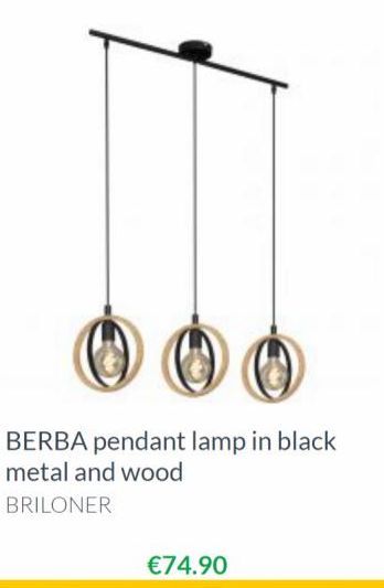 BERBA pendant lamp in black metal and wood  BRILONER  €74.90 