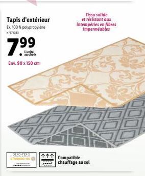 Tapis d'extérieur Ex. 100 % polypropylene  3719  S  Env. 90 x 150 cm  OEKO-TEX® Je STANDARD 100  Tissu solide  et résistant aux intempéries en fibres imperméables  ↑↑↑ Compatible chauffage au sol 