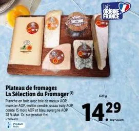 ed  plateau de fromages la sélection du fromager (2)  planche en bois avec brie de meaux aop, munster aop, crotincendré, ossauiraty adp, comté 15 mois aop et bleu auvergne aop 28 % mat. gr. sur produi