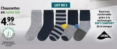 qar  chaussettes en coton bio  4,99  aucho  ontent  bakticky  standar  fabr de 17% hrycle  lot de s  bord très confortable grâce à la technologie soft comfort de la marque  dora 