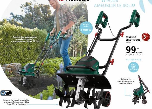 Pénétration automatique  dans le sol jusqu'à une profondeur d'env. 20 cm  Largeur de travail adaptable grâce aux fraises amovibles (env. 29 cm/40 cm)  Moteur turbo  1400 W  你  BINEUSE ÉLECTRIQUE  22  