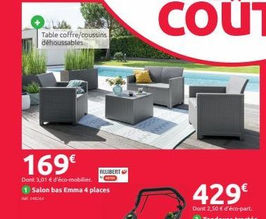 Table coffre/coussins déhoussables  169€  Dont 3,01 € d'éco-mobilier.  1 Salon bas Emma 4 places  548264  ALLIBERT  