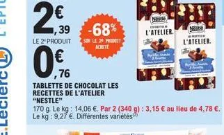 le 2 produit  1,39 -68%  0.  ,76  sur le 20 produit  achete  tablette de chocolat les recettes de l'atelier  "nestle"  170 g. le kg: 14,06 €. par 2 (340 g): 3,15 € au lieu de 4,78 €.  le kg: 9,27 €. d