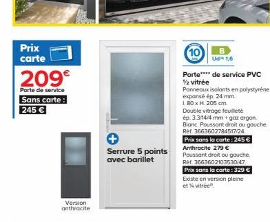 Prix carte  209€  Porte de service Sans carte: 245 €  Version anthracite  +  Serrure 5 points avec barillet  10  B Ud* 1,6  Porte**** de service PVC  ½ vitrée  Panneaux isolants en polystyrène  expans