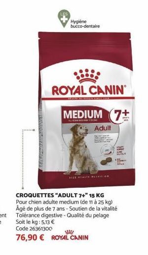 CRISTINITE  ROYAL CANIN  40TPHON FIRLE ****  Hygiène  bucco-dentaire  MEDIUM 7+  CROQUETTES "ADULT 7+" 15 KG Pour chien adulte medium (de 11 à 25 kg) Âgé de plus de 7 ans - Soutien de la vitalité Tolé