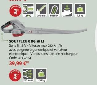 CARANTIE 3  ARS  Code 26352124  39,99 €¹  CARANTE 3⁰  ANS  250 mm  SOUFFLEUR BG 18 LI  Sans fil 18 V - Vitesse max 210 km/h  avec poignée ergonomique et variateur  électronique - Vendu sans batterie n