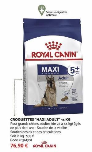 Sécurité digestive optimale  ROYAL CANIN  MAXI 5+  Adult  HEALTH QUISITION  IPHPS  CROQUETTES "MAXI ADULT" 15 KG Pour grands chiens adultes (de 26 à 44 kg) âgés de plus de 5 ans - Soutien de la vitali