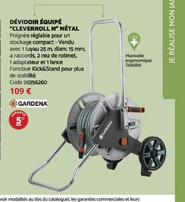 GARDENA  CARANTIA 5"  DÉVIDOIR ÉQUIPÉ "CLEVERROLL M" MÉTAL Poignée réglable pour un stockage compact - Vendu avec 1 tuyau 25 m, diam. 15 mm, 4 raccords, 2 nez de robinet,  1 adaptateur et 1 lance  Fon