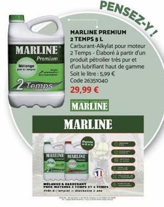 MARLINE  Premium  Mélange  prompt  2 Temps  Tempa  MARLINE MARLINE  MARLINE PREMIUM 2 TEMPS 5 L  Carburant-Alkylat pour moteur 2 Temps-Élaboré à partir d'un produit pétrolier très pur et d'un lubrifia