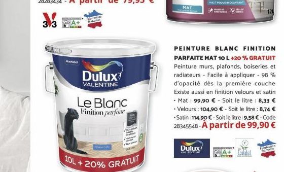 Abd  betin Bacause  Dulux  VALENTINE  Le Blanc Finition parfaite  MAN  10L+20% GRATUIT  MAT  PEINTURE BLANC FINITION PARFAITE MAT 10 L +20% GRATUIT Peinture murs, plafonds, boiseries et radiateurs - F