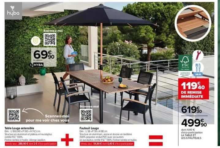 hyba  scannez-moi  69%  le parasol  dhyba  scannez-moi  pour me voir chez vous  table louga extensible  dim : l180/240 xp 100 x h74,5 cm  structure en aluminium et plateau en eucalyptus  certifié fsc 