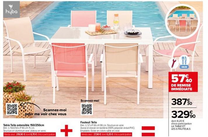 hyba  Scannez-moi  pour me voir chez vous  Table Tello extensible 150/250cm Dim: L 150/250x P90xH 75 cm  Structure en aluminium avec plateau en verre.  Vendu seul :219,90 € dont 6,70 € d'éco-participa