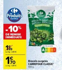 Produits  Carrefour  -10%  DE REMISE IMMEDIATE  18⁹9  Le kg: 230 €  1⁹  Lokg: 189 €  Classic  BROCOLIS-BROCCOLI BROCOLI-BROCCOLI  NUTRI-SCORE  ABCDE  Brocolis surgelés CARREFOUR CLASSIC 900 g 