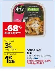 -68%  sur le 2 me  vendu soul  395  lekg: 15,80 €  le 2 produit  126  sal  mix caesar  salade bol mix  caesar chèvre ou italienne, 250 g  soit les 2 produits: 5,21€ - soit le kg: 10,42 € 