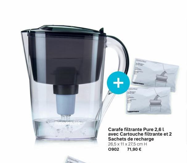 Tupperware  Water  +  Wstor  fitor  Tupperware  Carafe filtrante Pure 2,6 l avec Cartouche filtrante et 2  Sachets de recharge  26,5 x 11 x 27,5 cm H  0902  71,90 € 