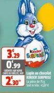 Kinder  3.29 0.99  CURHOURS  CARTE DE Lapin au chocolat  2.30  KINDER SURPRISE lapis de 75g Soit le :41874 