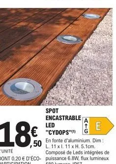 spot encastrable  atg  e  led "cydops"(¹)  ,50  l'unité  en fonte d'aluminium. dim: l. 11 x l. 11 x h. 5.1cm. composé de leds intégrées de dont 0,20 € d'éco- puissance 6.8w, flux lumineux participatio