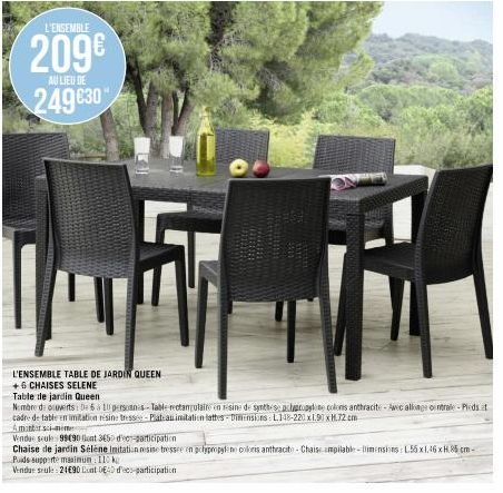 L'ENSEMBLE  209€ 249 €30  AU LIEU DE  L'ENSEMBLE TABLE DE JARDIN QUEEN  +6 CHAISES SELENE  Table de jardin Queen  Nombre de ouverts De 6 à 10 persoanas-Table rectangulaire en résine de synthese propyl