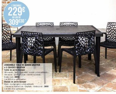 L'ENSEMBLE  229€ 309630  AU LIEU DE  SEDLONGEZ  L'ENSEMBLE TABLE DE JARDIN GRUVYER  + 6 CHAISES GRUVYER  Table de jardin Gruvyer  46 couverts-Tablectangulaire en resine coloris anthracite Dimensions: 