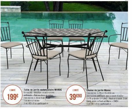 L'UNITÉ  199€  wwwwwwww  Table de jardin rectangulaire MAROC 6 couverts-Structure en acier colors anthracite Plateau decora Dimensions L160.90H 75m Amunter 3-mine  Dont 50 d'eco-participation  L'UNITÉ