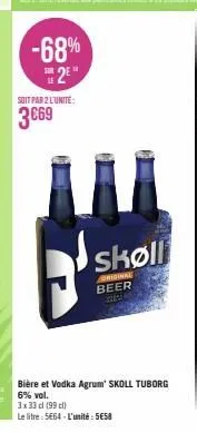 -68% 2⁹  soit par 2 l'unité:  3669  skøll  original beer  f  bière et vodka agrum' skoll tuborg 6% vol. 3x33 cl (99 cl)  le litre: 5664-l'unité: 5€58 