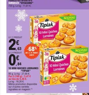 LE 1" PRODUIT  2,03  ,63 -68%  LE 2 PRODUIT SUR LE PROT  ,84  10 MINI QUICHES LORRAINES SURGELEES "TIPIAK" 95 g. Le kg: 27,68 €. Par 2 (190 g): 3,47 € au lieu de 5,26 €. Le kg: 18,26 € Même promotion 