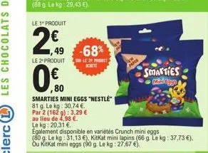 le 1" produit  ον  1,49  le 2 produit  0€  0.00  ,80  -68%  smarties mini eggs 81 g. le kg: 30,74 €. par 2 (162 g): 3,29 € au lieu de 4,98 €. le kg: 20,31 €  pret achete  également disponible en varié